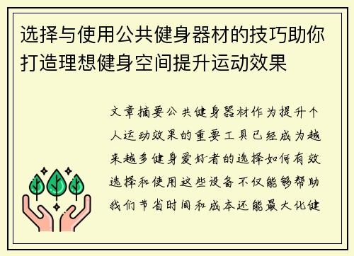 选择与使用公共健身器材的技巧助你打造理想健身空间提升运动效果