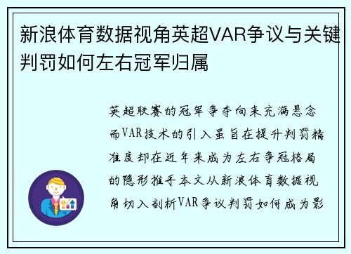 新浪体育数据视角英超VAR争议与关键判罚如何左右冠军归属