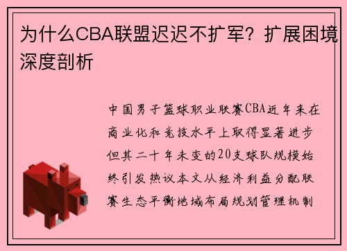 为什么CBA联盟迟迟不扩军？扩展困境深度剖析